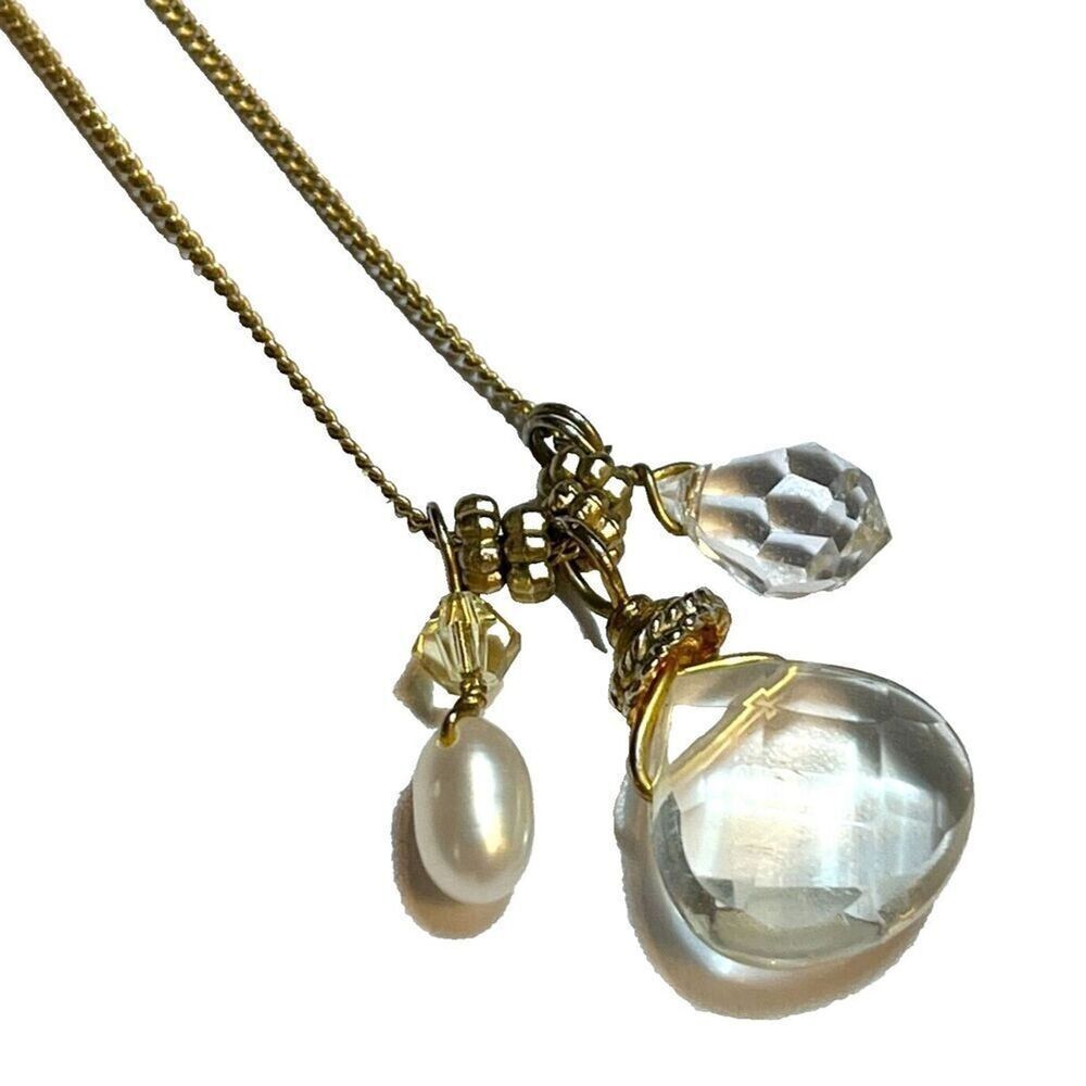 Handmade Teardrop Quartz Necklace Gold Tone Chain Cultured Pearl Rhinestone 20in